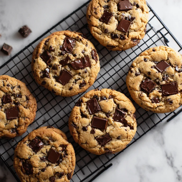 Batch of freshly baked Jacques Torres cookies cooling on a wire rack with chocolate chunks.