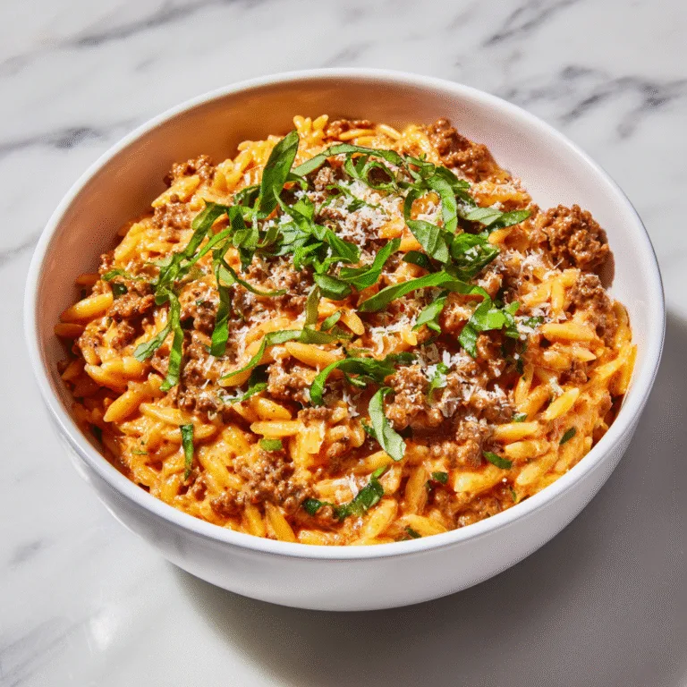 Ground Beef Orzo recipe with Tomato Cream Sauce