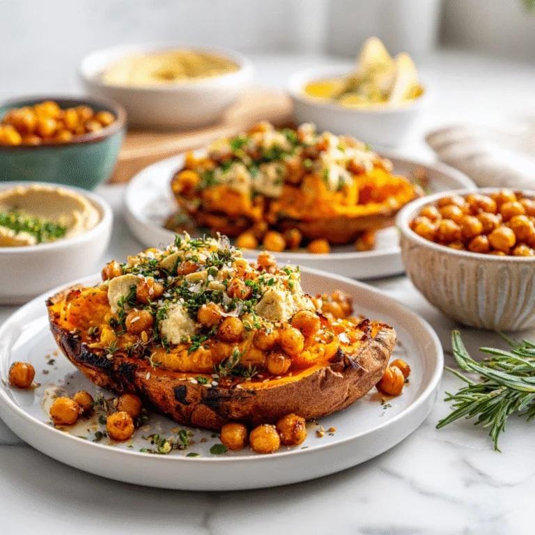 Loaded Roasted Sweet Potatoes with Hummus & Crispy Chickpeas