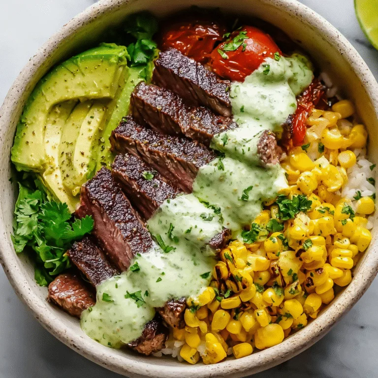 Steak Avocado Roasted Corn Bowl with Cilantro Cream Sauce: A Flavor-Packed, Fresh, and Irresistible Weeknight Bowl