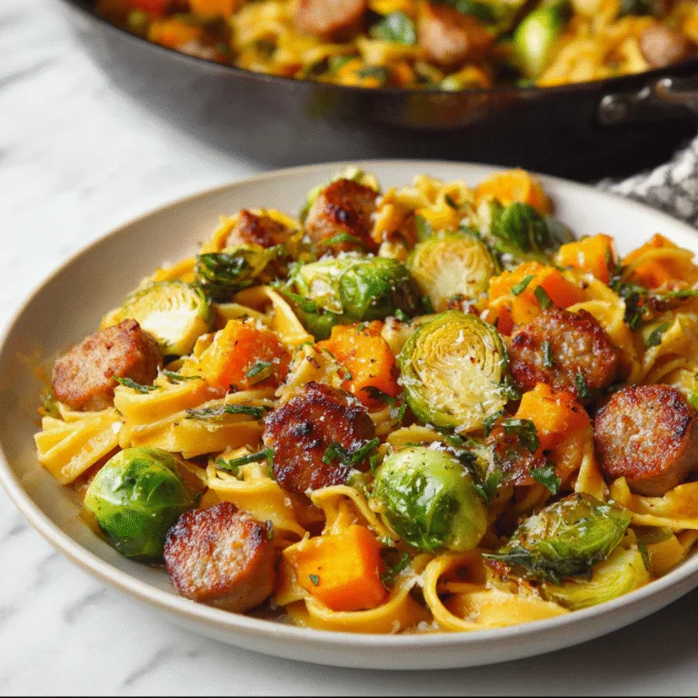 Autumn Dinner with Sausage Pasta, Brussels Sprouts, and Butternut Squash — Cozy, Colorful Comfort Food