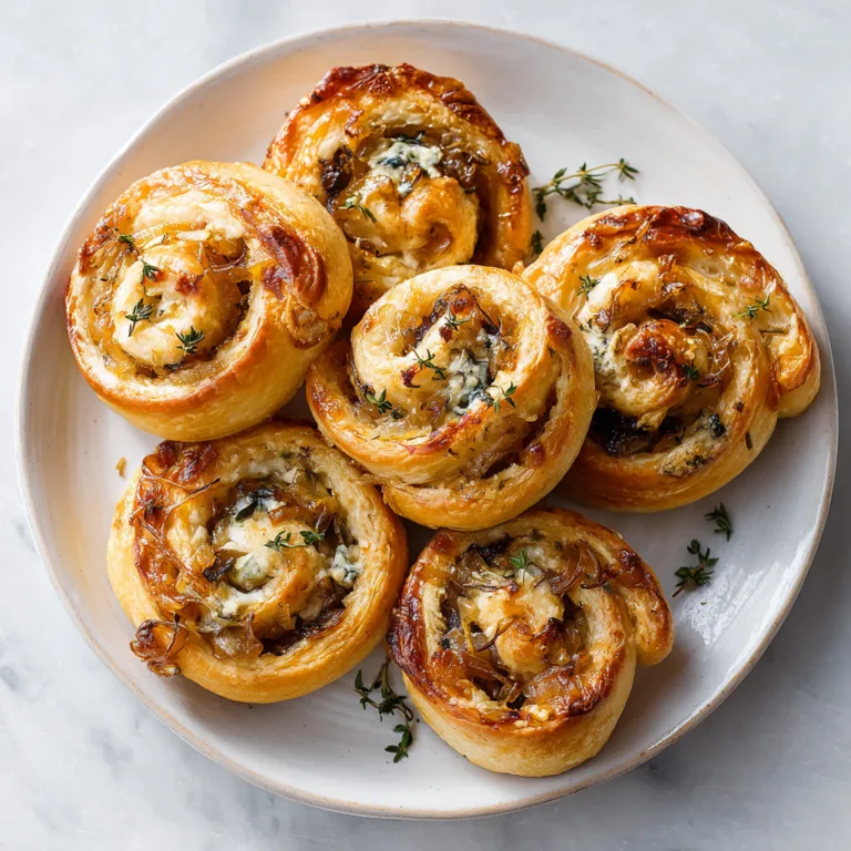 Golden Savory Pinwheel Rolls with Blue Cheese & Caramelized Onions