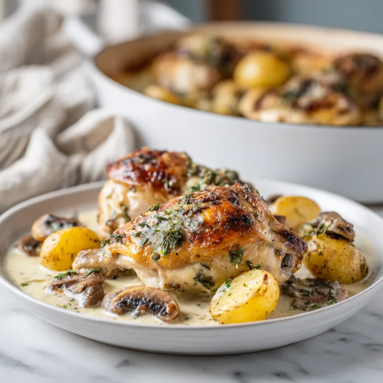Herb Roasted Chicken in Creamy White Wine Sauce with Mushrooms & Potatoes