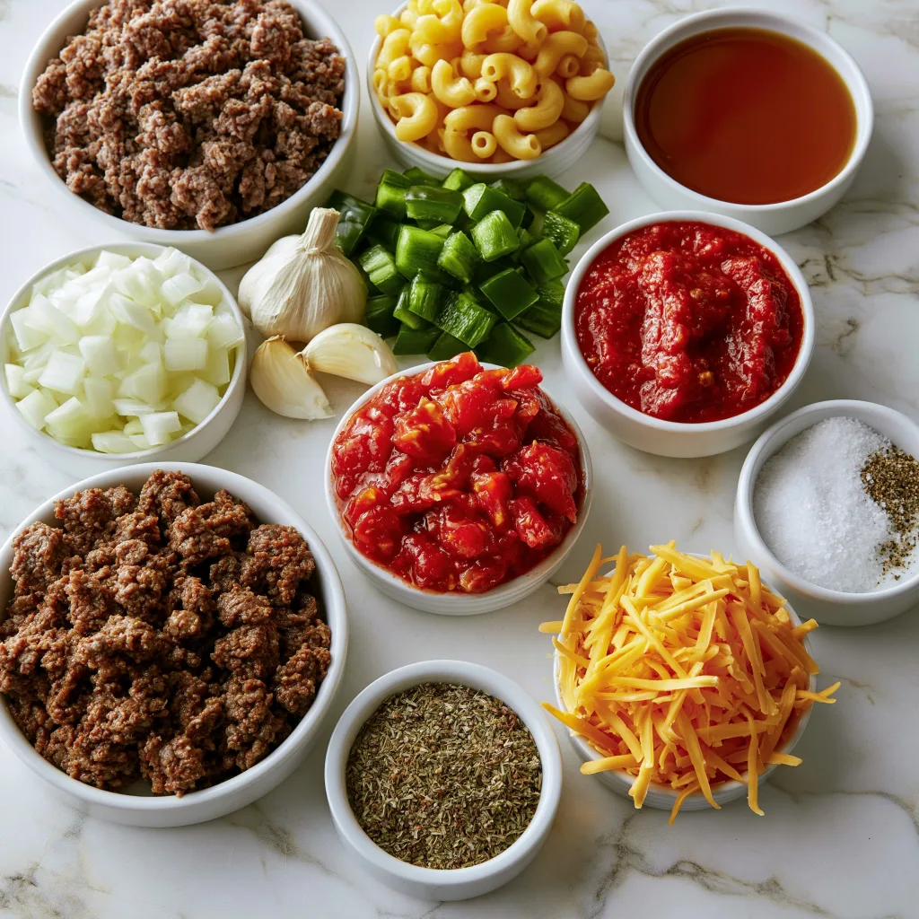 All the necessary ingredients to make American chop suey in a crock pot