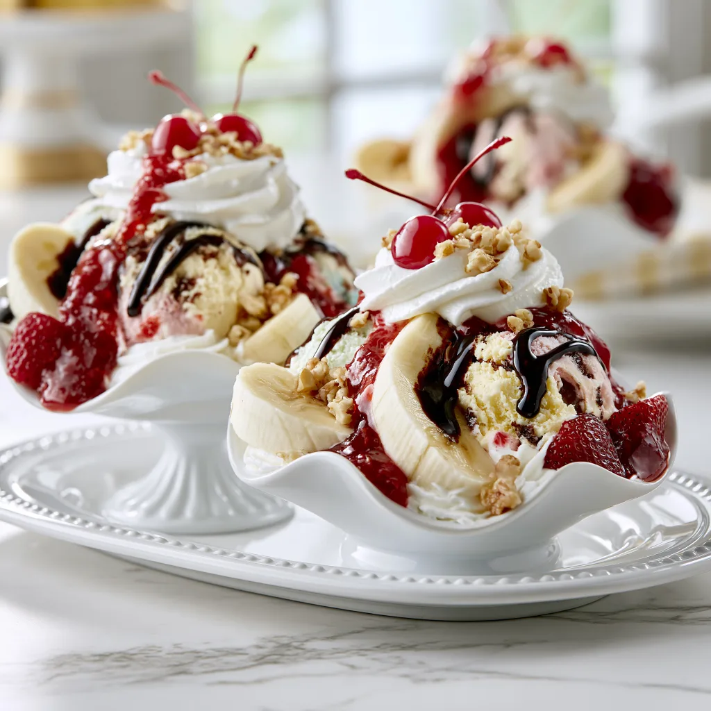 An example of banana split served in a posh bowls