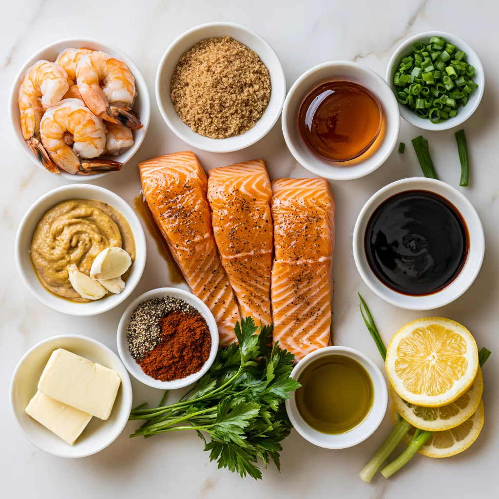 All ingredients needed to make bourbon glazed salmon and shrimp according to this recipe