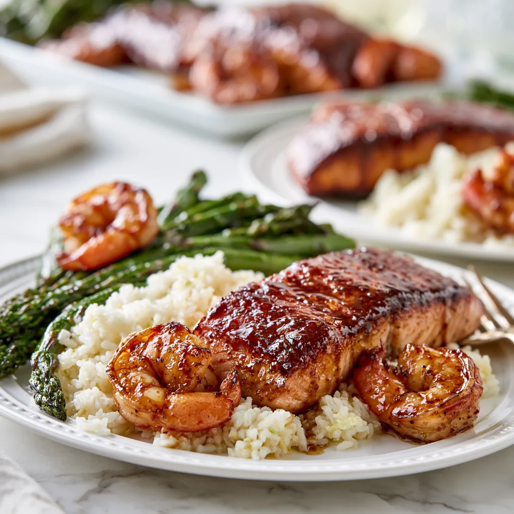 An example of bourbon glazed salmon and shrimp serving when done according to this recipe