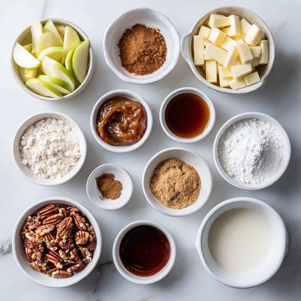 Representation of all the ingredients needed for the caramel apple pecan cobbler