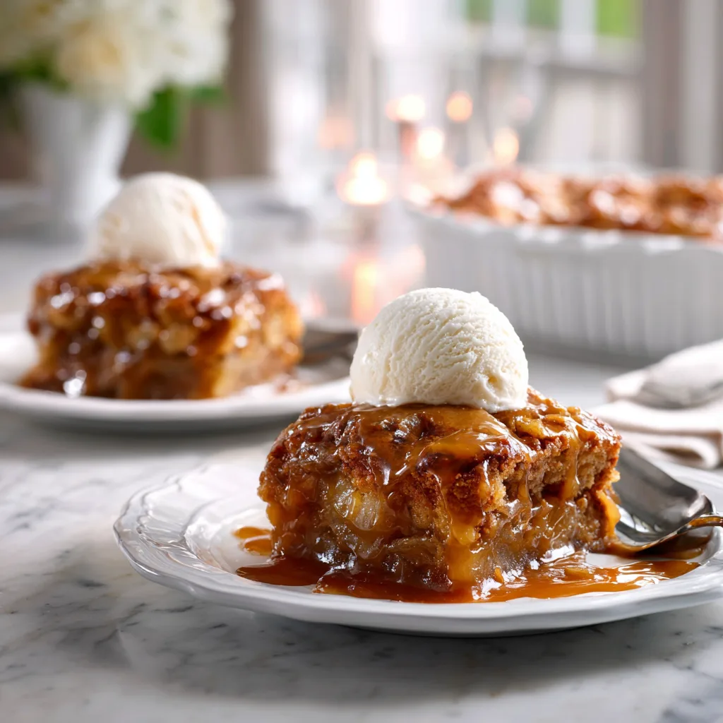Caramel apple pecan cobler served with ice cream and extra caramel