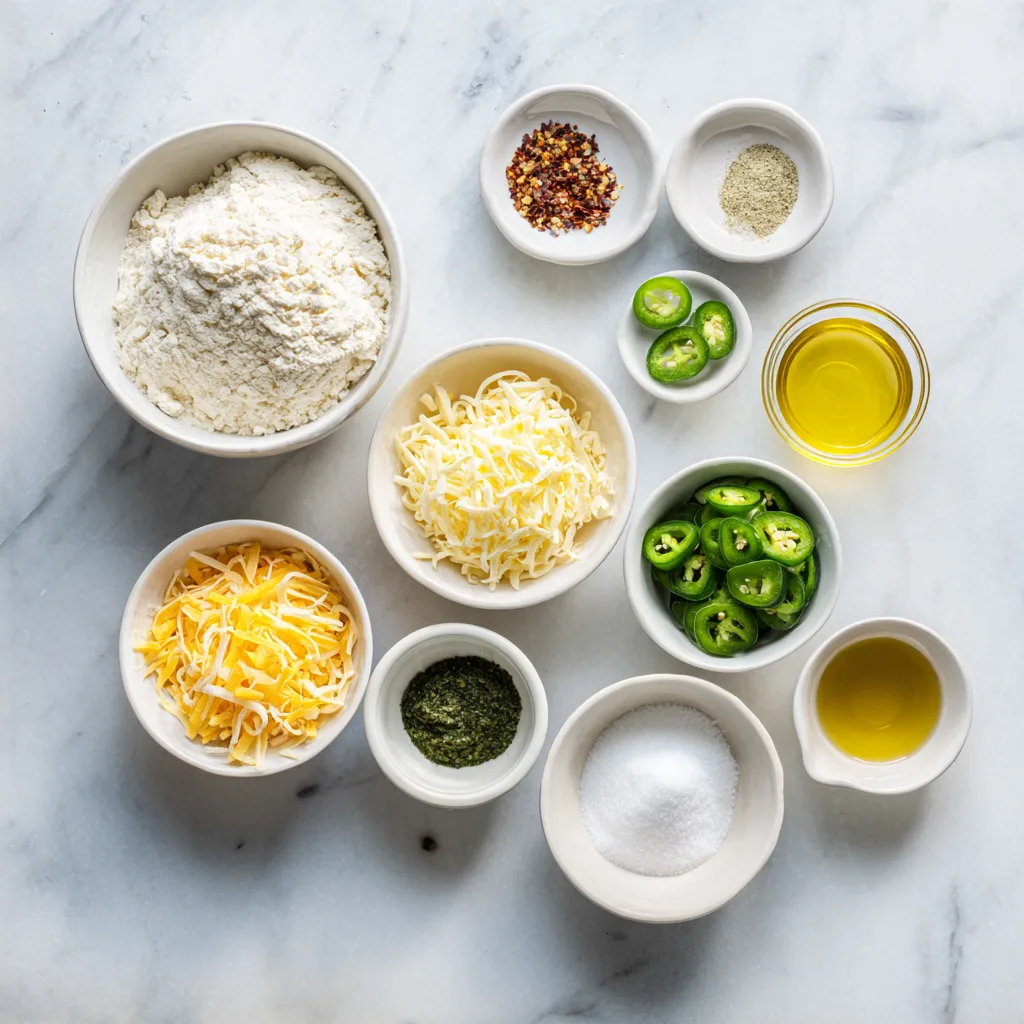 All ingredients needed for jalapeno cheddar bread in one place