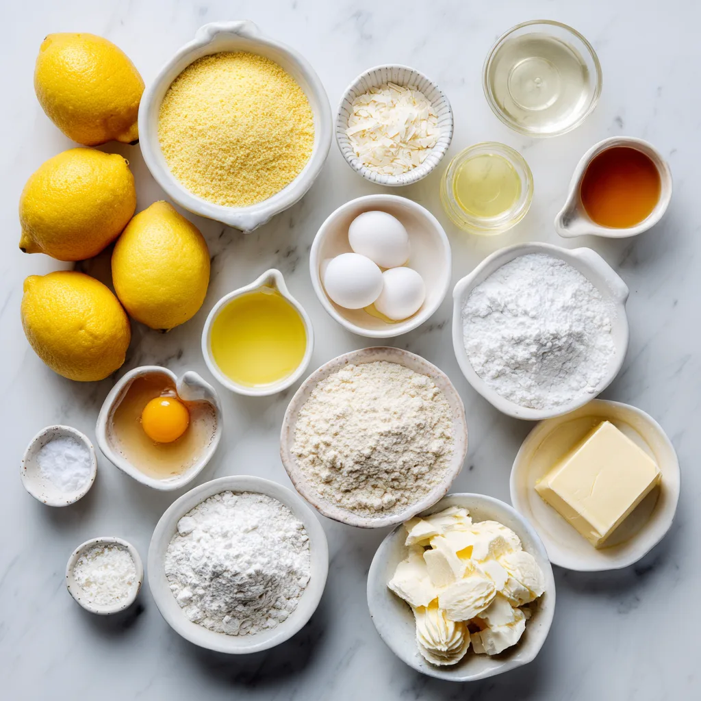Visual representation of all the ingredients needed for the lemon cornmeal pound cake