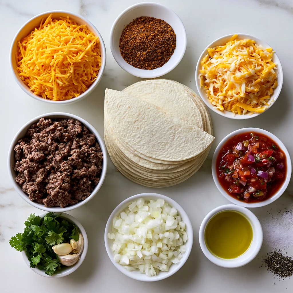 All ingredients needed to make baked ground beef taquitos