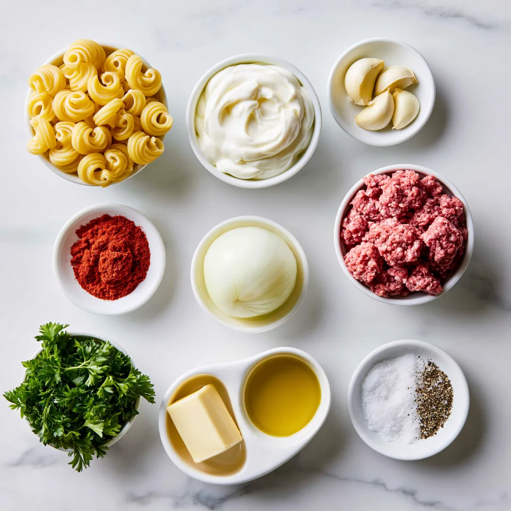 All ingredients needed to prepare turkish pasta with yoghurt and garlic