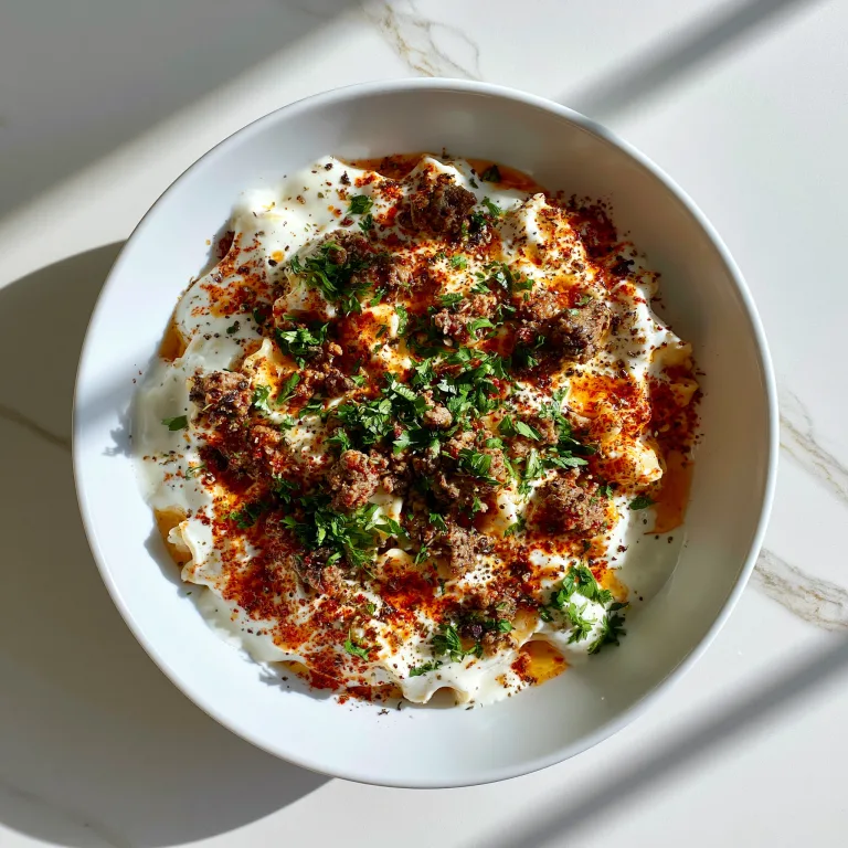 An example of prepared turkish pasta with yoghurt and garlic
