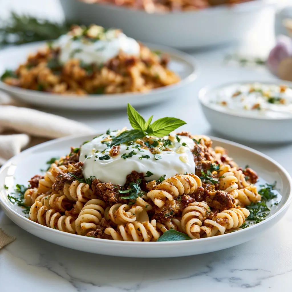 An example of turkish pasta with yoghurt and garlic serving