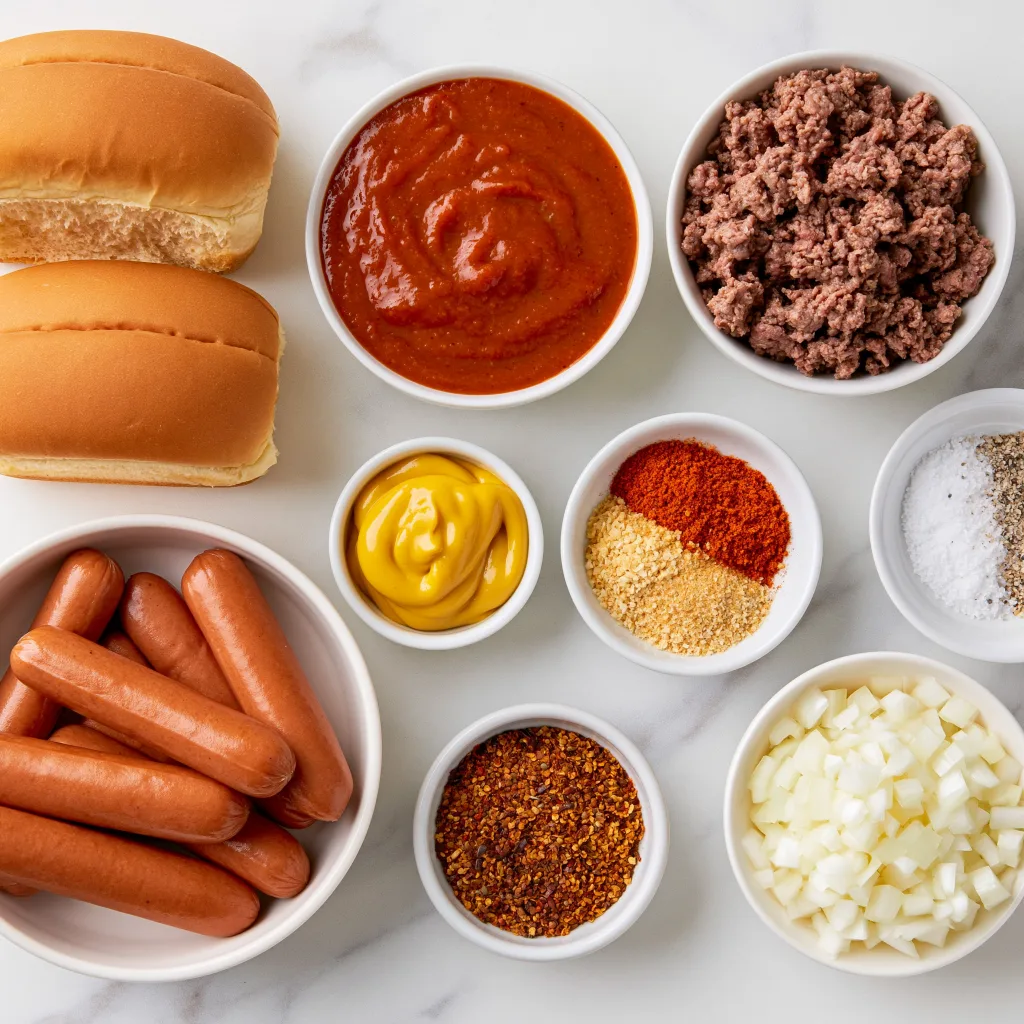 All the necessary ingredients to make Detroit-Style Coney Dog