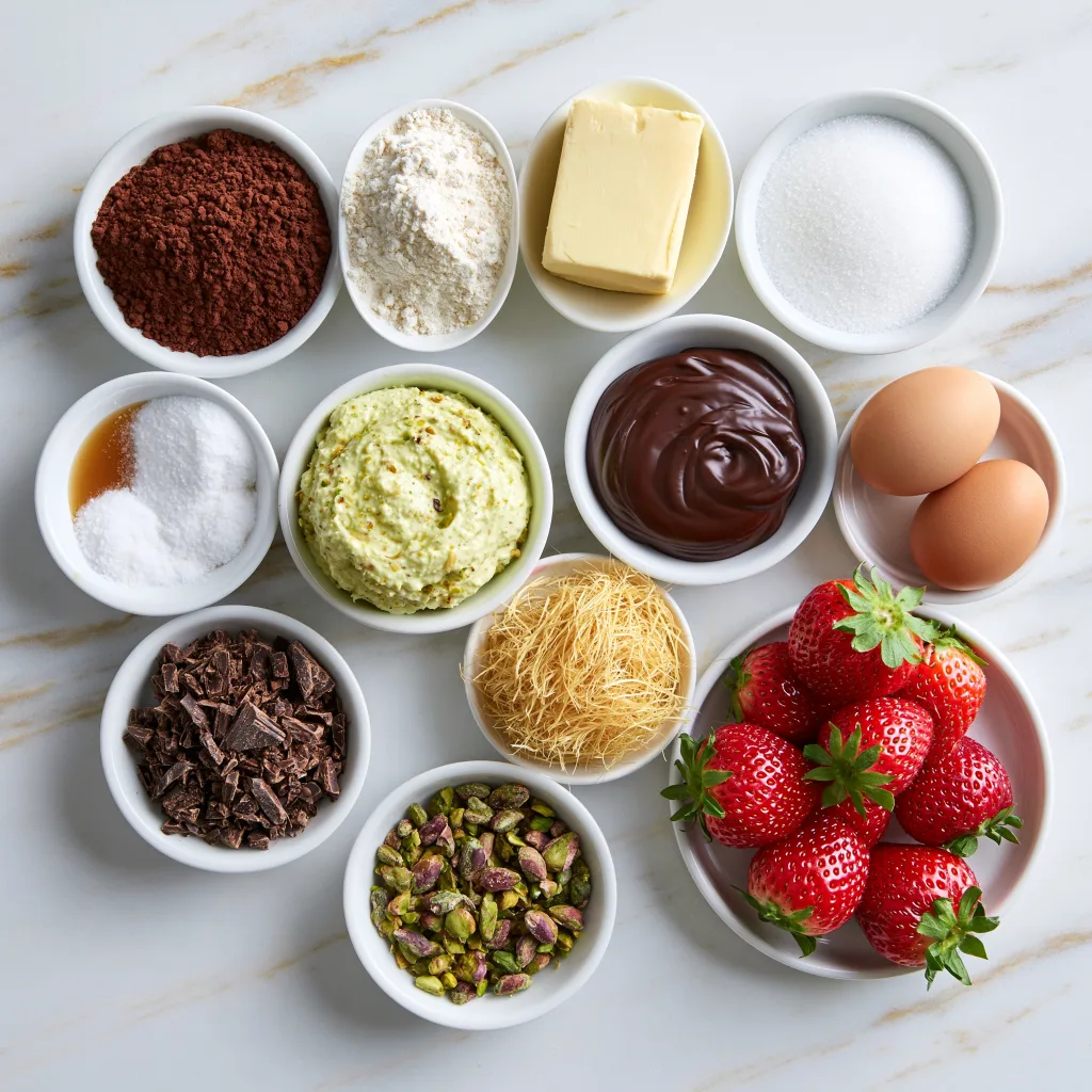 All ingredients needed to make Dubai chocolate strawberry brownie