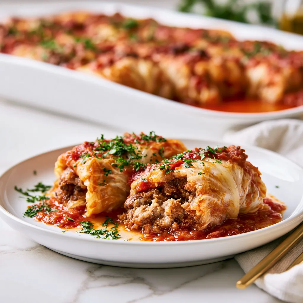 A serving example of Hungarian stuffed cabbage rolls when done according to this recipe.