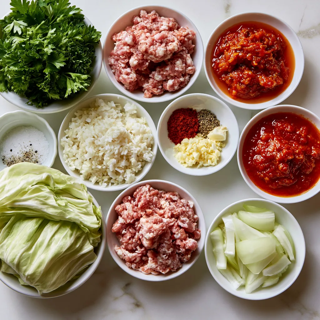 All the ingredients needed to make Hungarian stuffed cabbage rolls.