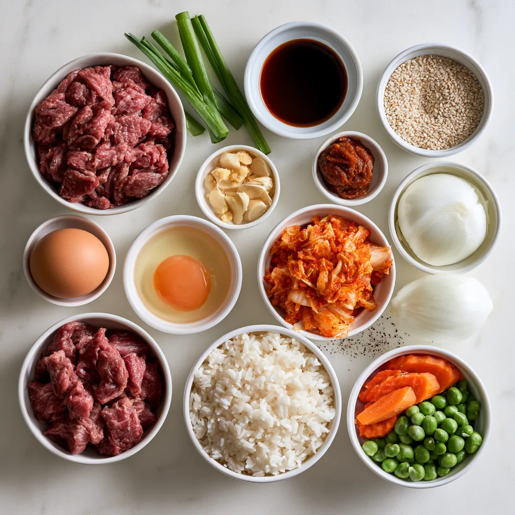 All the ingredients needed to make Bulgogi Beef Fried Rice with Kimchi 