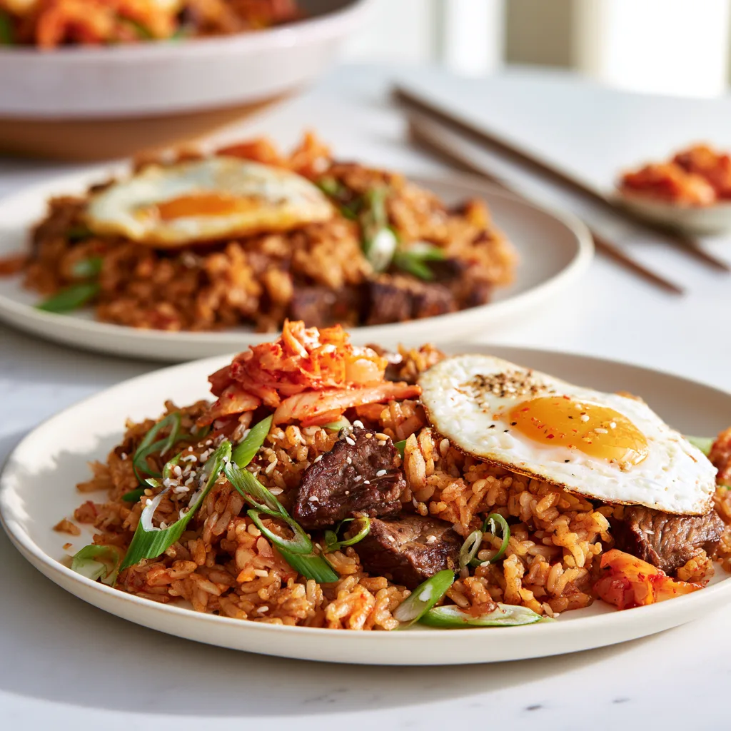 A serving example of Bulgogi Beef Fried Rice with Kimchi 