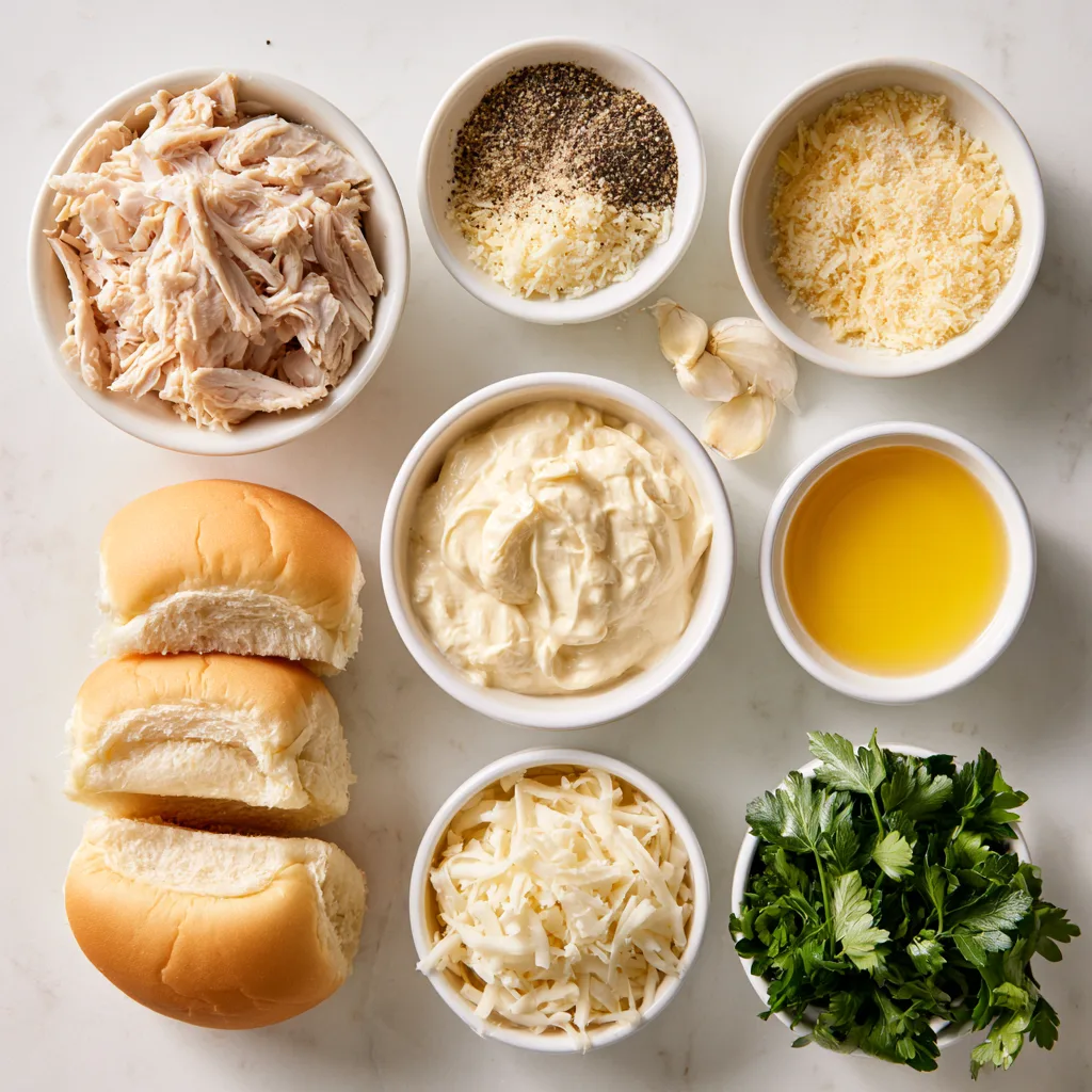 All ingredients needed to make cheesy alfredo sliders lined up. Cheese, chick, buns, everything in a bowl on a white marble countertop