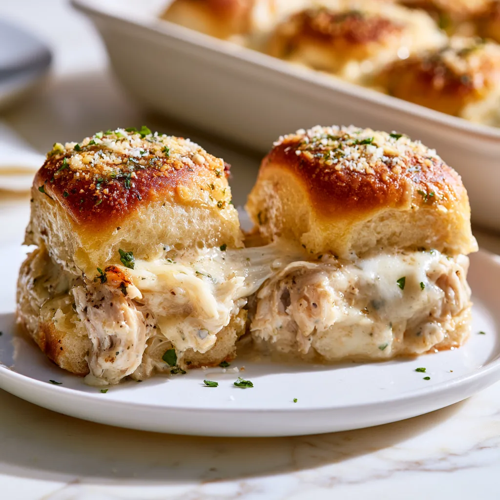 Two cheesy chicken alfredo sliders served on a white plate with grated cheese on top.