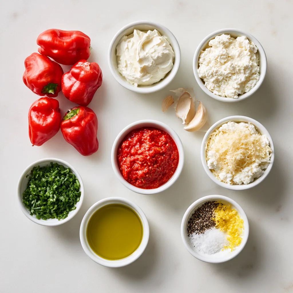 Ingredients needed to make Cream Cheese & Ricotta Stuffed Piquante Peppers lined up in bowls on a white surface, representing exact measurements for 4 servings