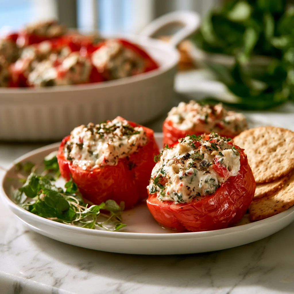 Cream Cheese & Ricotta Stuffed Piquante Peppers served on a white platter, sprinkled with fresh chives, drizzeled with olive oil, with thinly sliced bruschetta