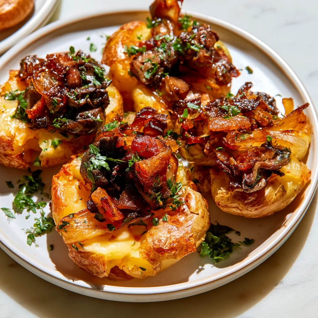 Hunters Smashed Potatoes: Crispy, Cheesy Potatoes Loaded with Mushrooms and Bacon
