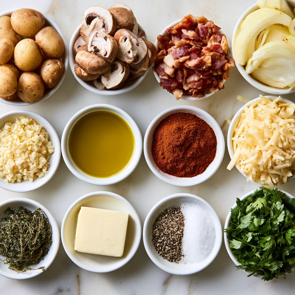All ingredients needed to make hunters smashed potatoes in bowls and lined up on a white marble countertop.