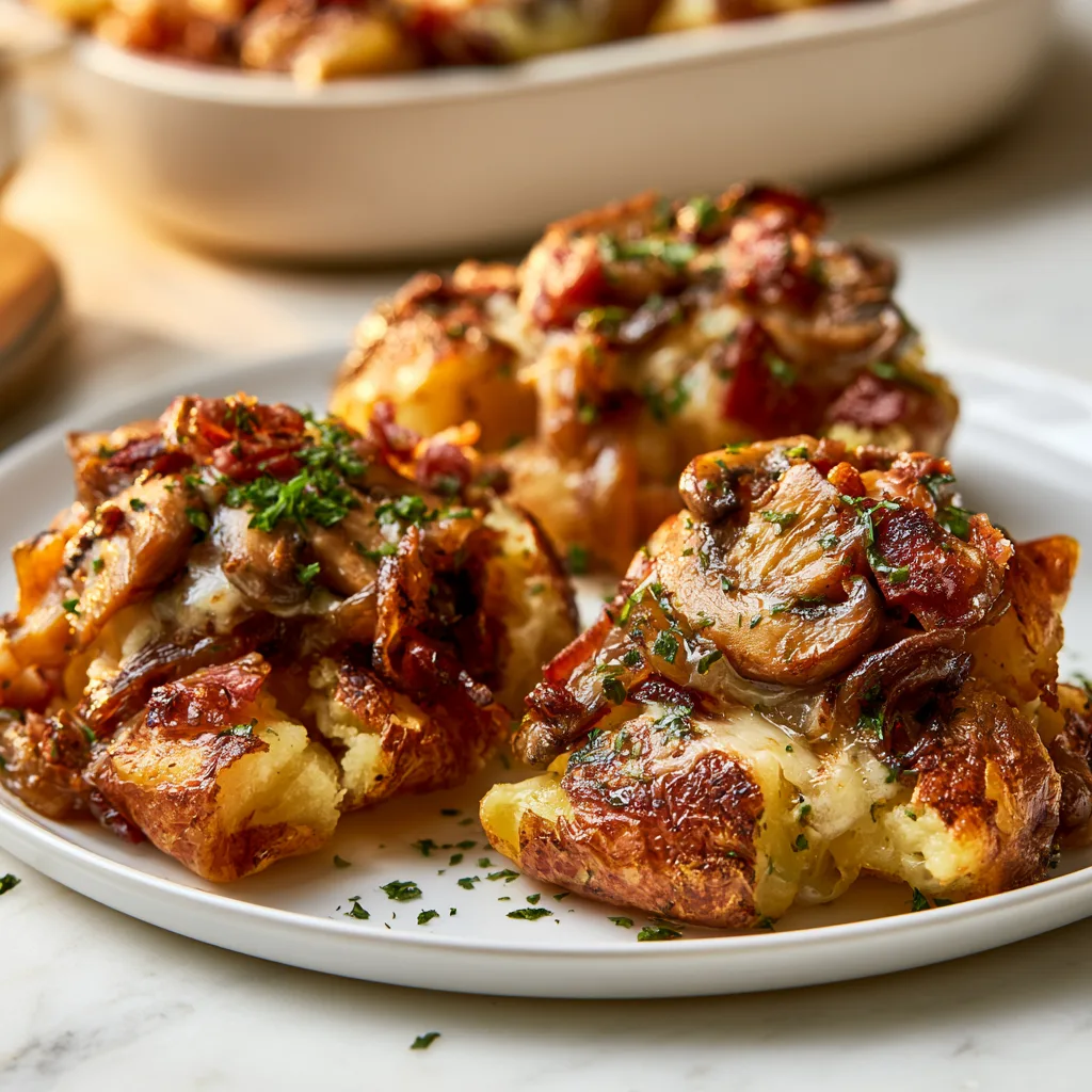 Hunters smashed potatoes served on a white ceramic plate. Three portions sprinkled with garnish