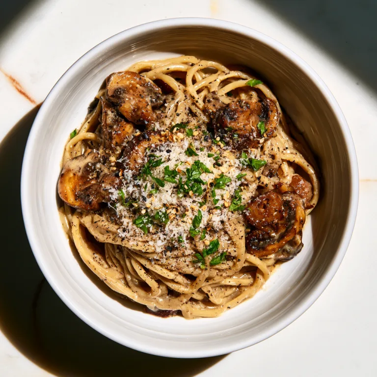 Miso mushroom pasta on a white plate with seasoning and decoration on top