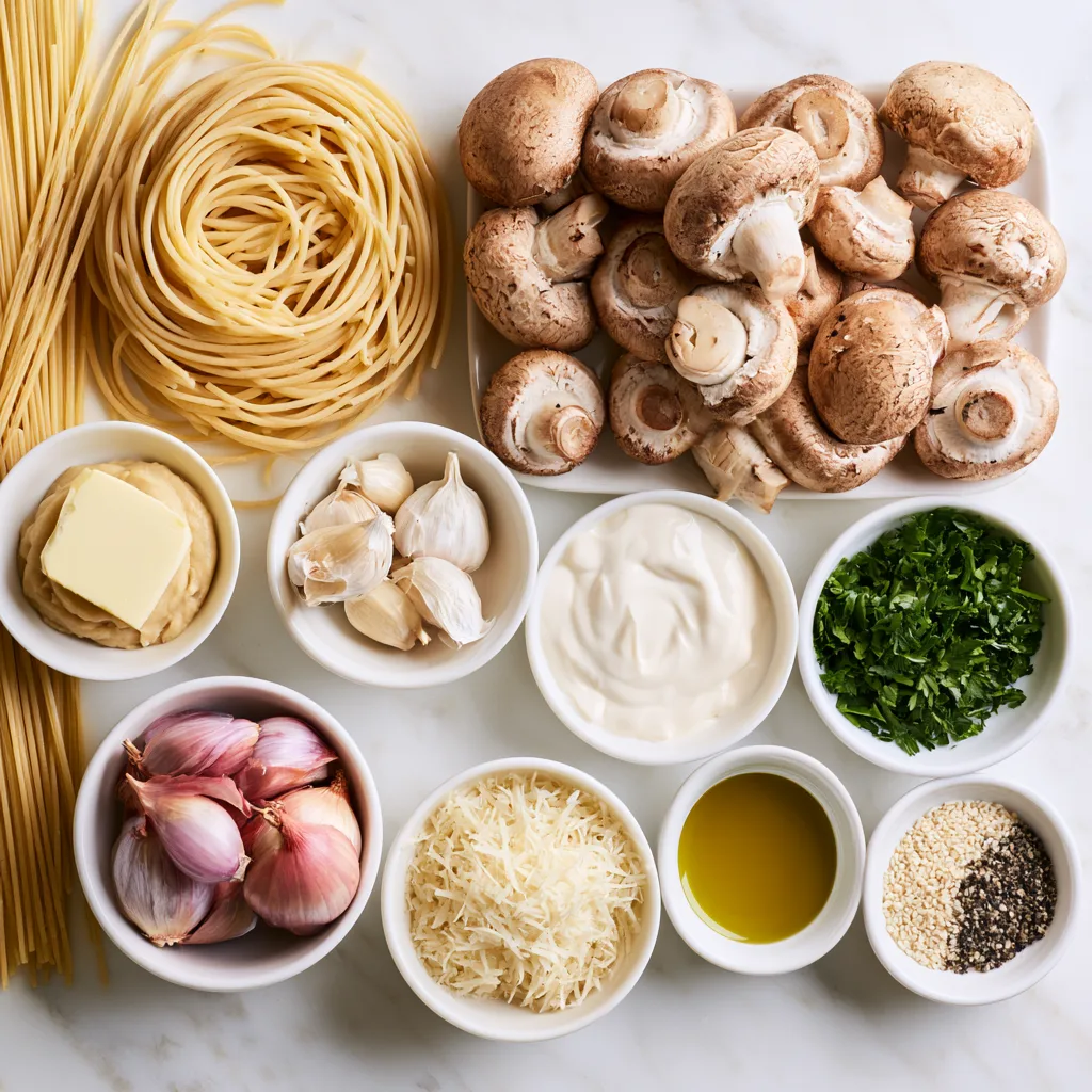 All ingredients needed to make miso mushroom pasta lined up on a white countertop