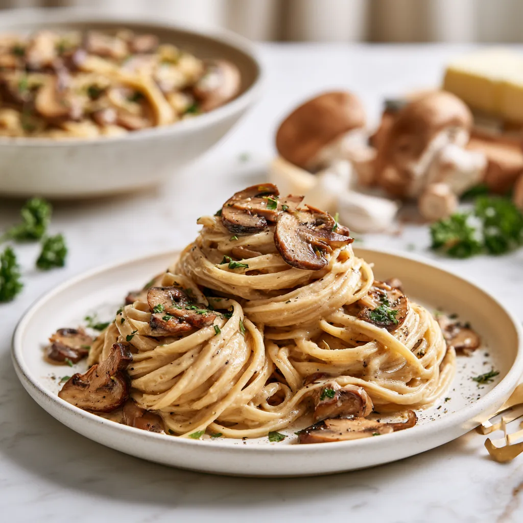 Miso mushroom pasta served on a white ceramic plate 