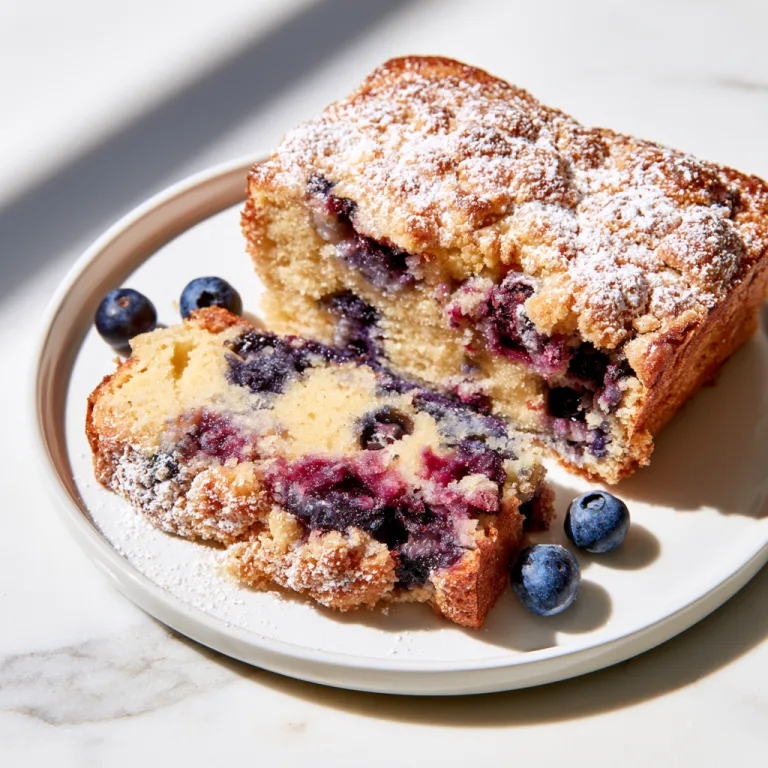 A One Bowl Blueberry Buckle sprinkled with powdered sugar with a couple of blueberries on a ceramic white plate.