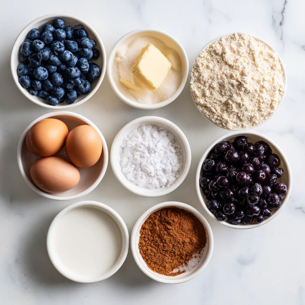 All ingredients needed to make One Bowl Blueberry Buckle. Nicely lined up in bowls. 