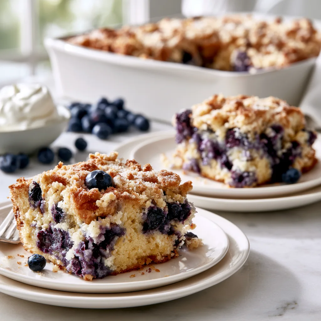 A One Bowl Blueberry Buckle served on a white ceramic plate with another slice and the whole buckle blurred in the background. 
