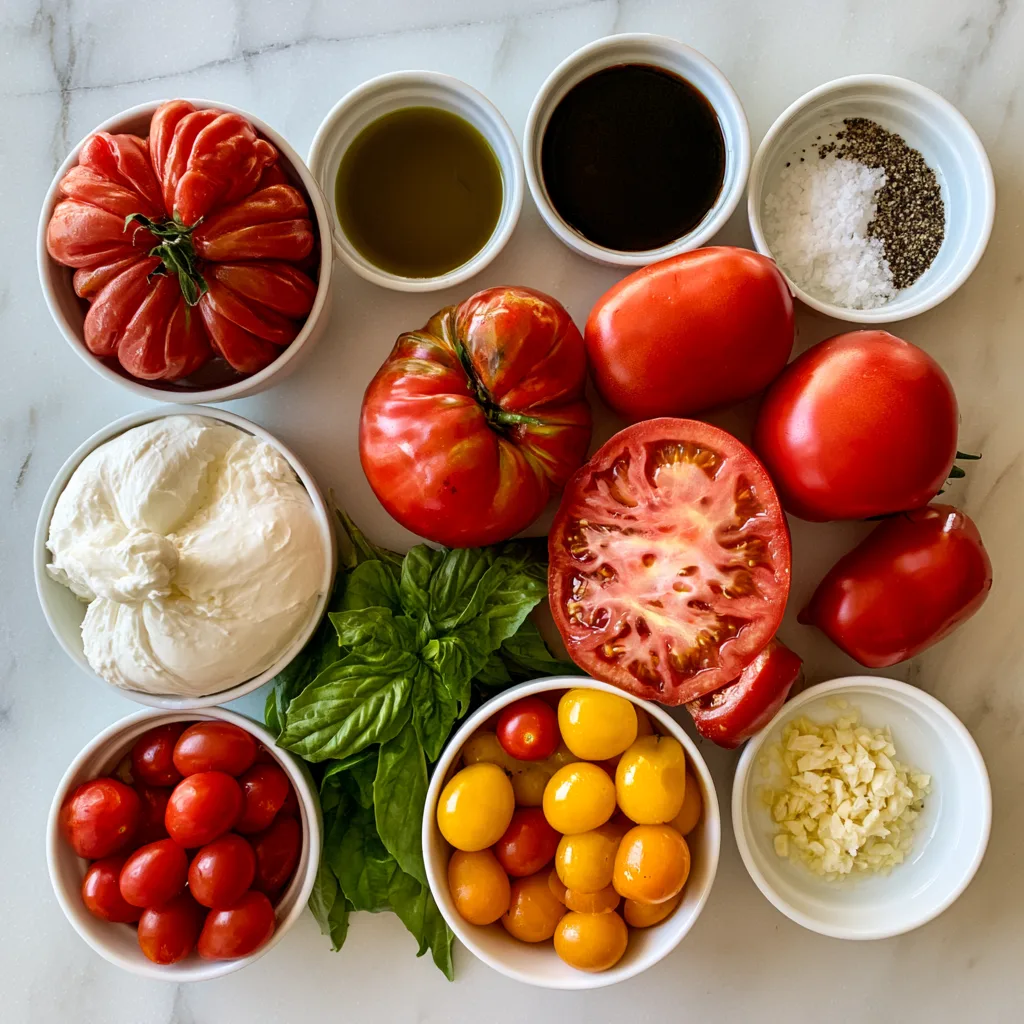 All ingredients needed to make tomato burrata lined up on a white marble countertop.