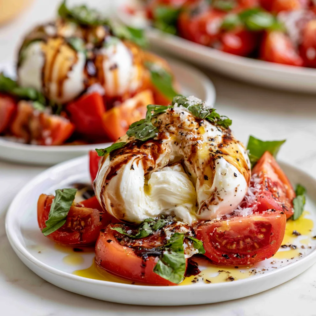 Tomato burrata salada served on a white ceramic plate with fresh basil, olive oil and seasoning. 