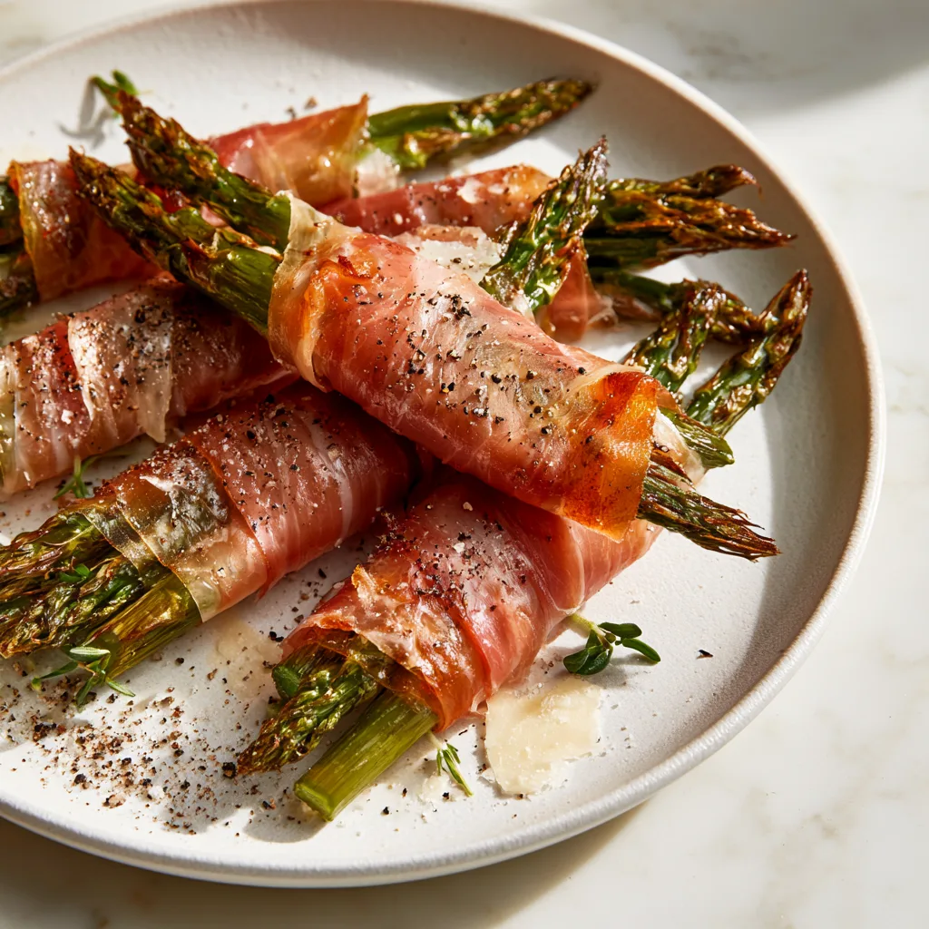 Asparagus wrapped in crisp prosciutto served on a white plate and sprinkled with spices.