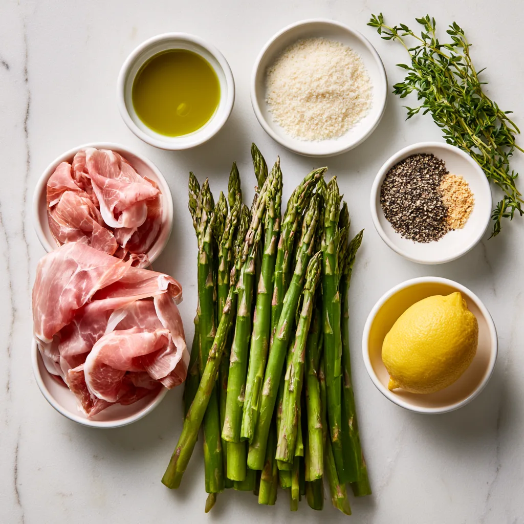 All the ingredients needed to make asparagus wrapped in crisp prosciutto lined up on a white marble countertop.