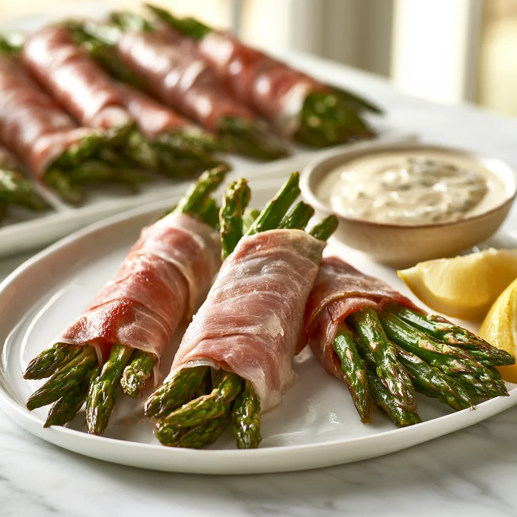 One serving of asparagus wrapped in crisp prosciutto. Served on a white ceramic plate with two lemon slices and tartar sauce.