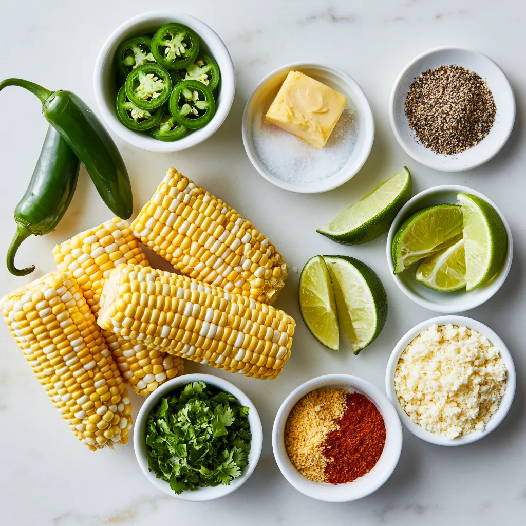 Ingredients needed to make boiled corn on the cob with jalapenos lined up in bowls or small plates