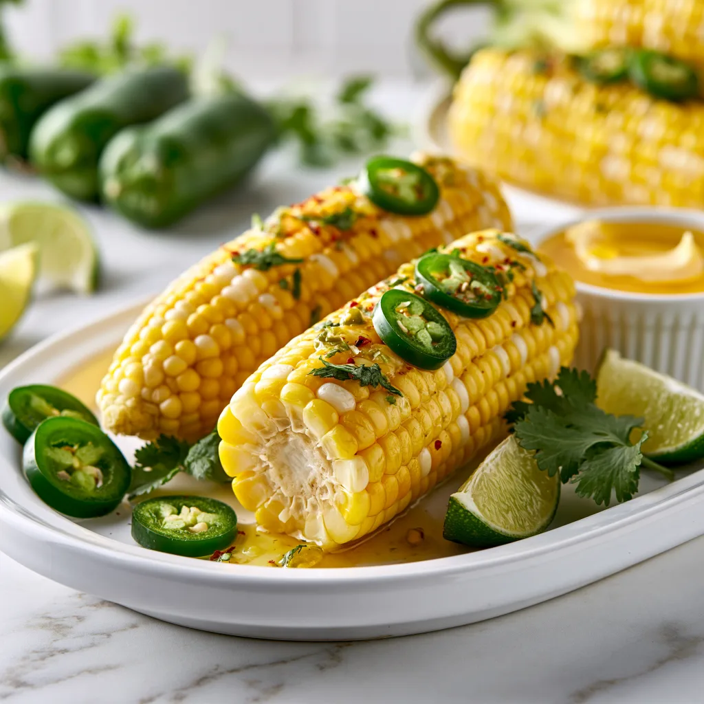Serving example of boiled corn on the cob with sliced jalapenos on top of it with lime slices on a side in a white ceramic plate
