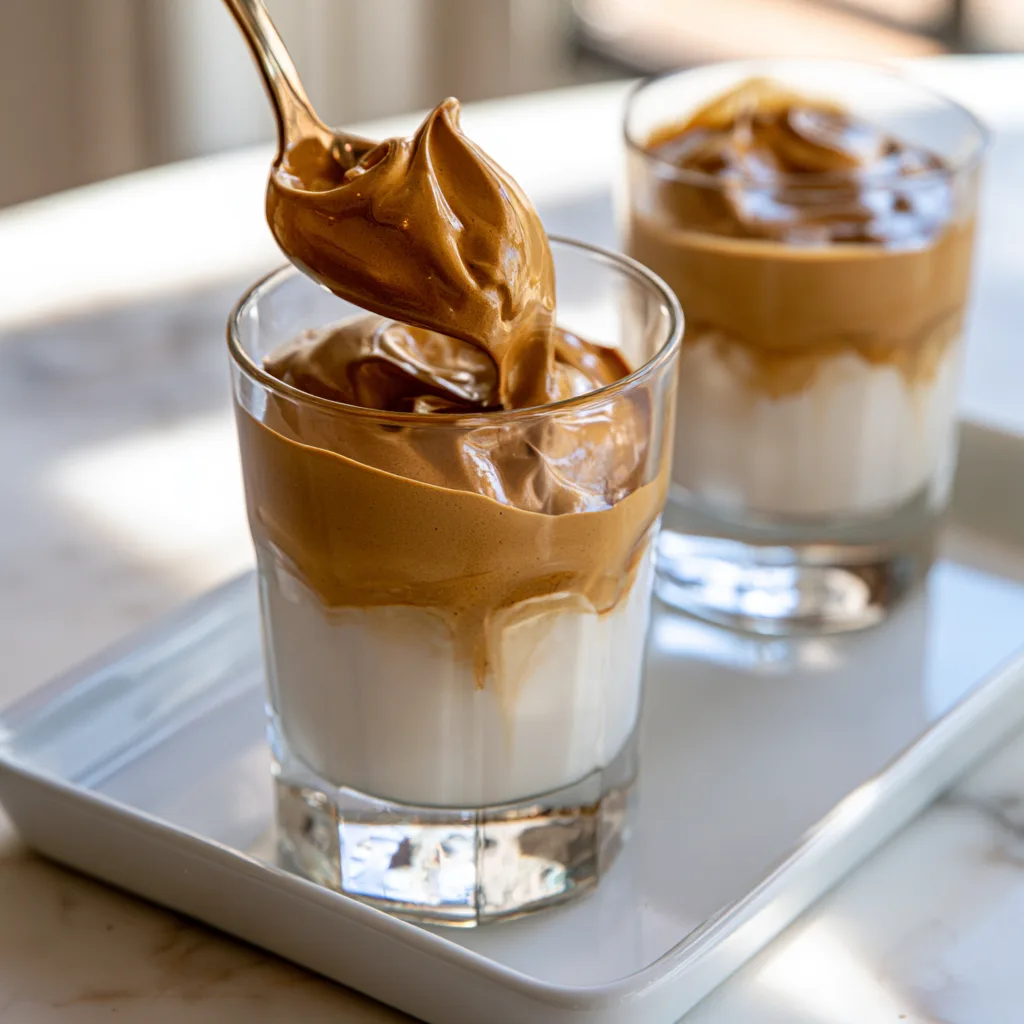An example of Dalgona coffee served in a glass and scopped up by spoon. 