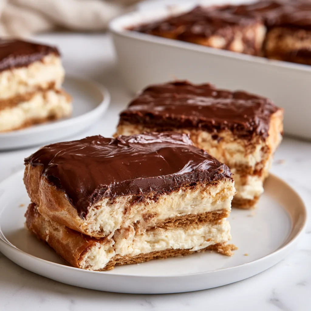 Serving exampleof  Éclair Cake with Chocolate Ganache