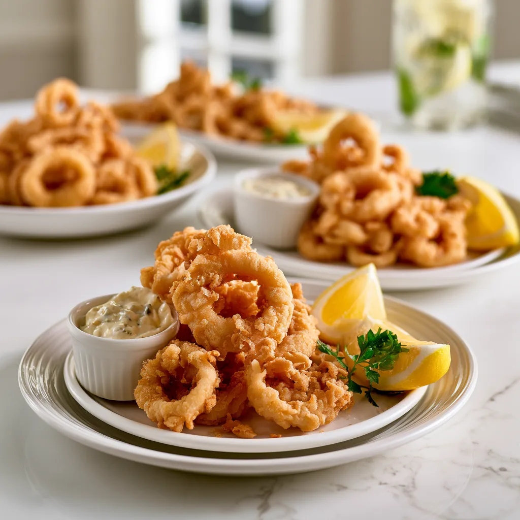Fried calamri with tartar sauce served on a ceramic white plate with fresh parsley and two lemon slices 