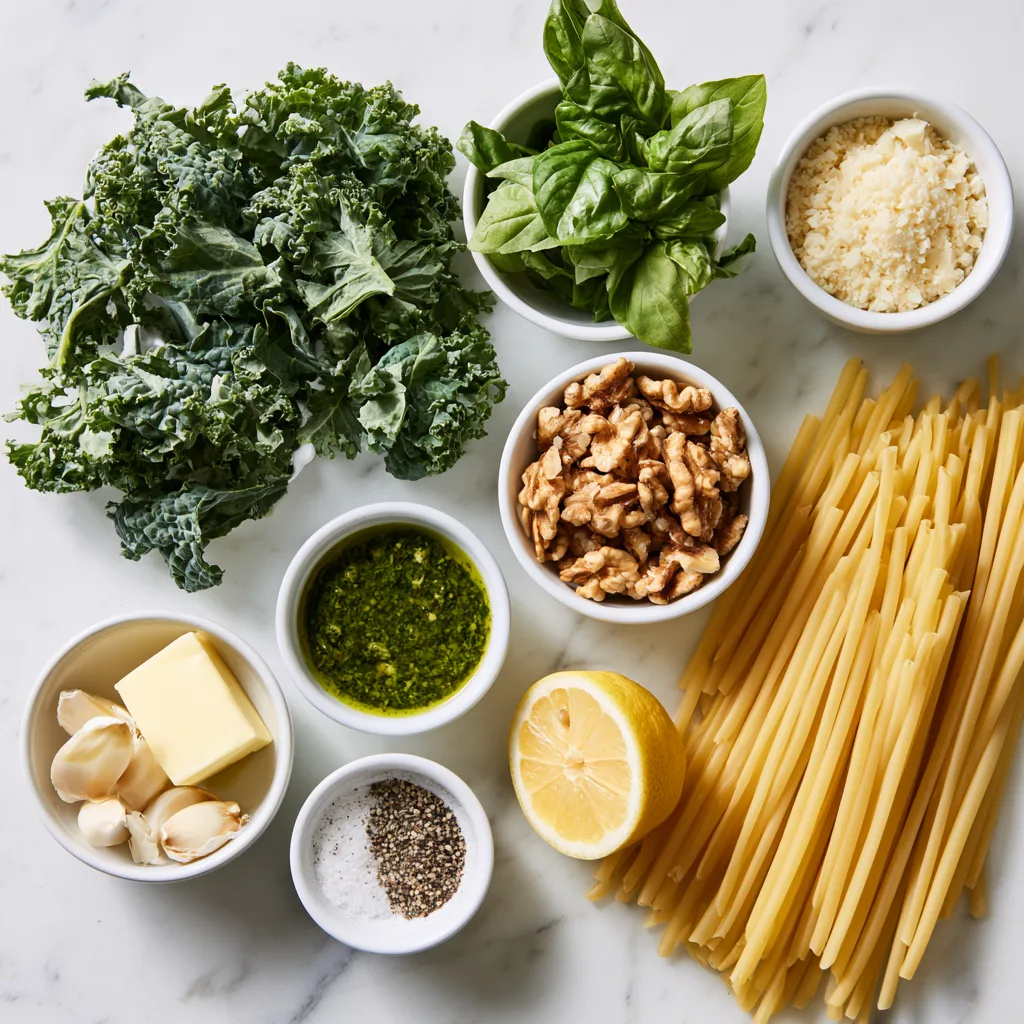 All ingredients needed to make herby kale pesto lined up on a white countertop 