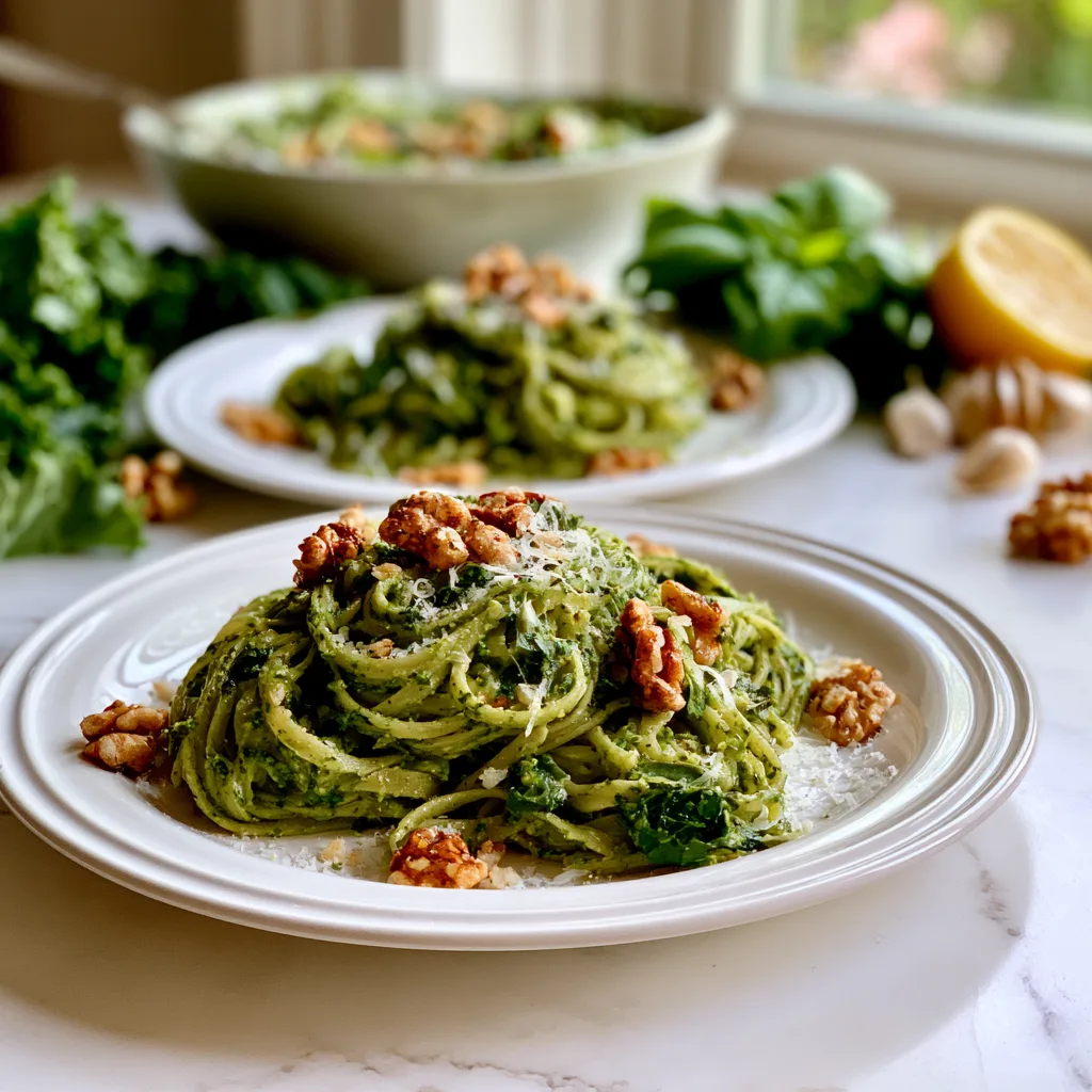 Herby kale pesto pasta served on a white plate with walnut halves